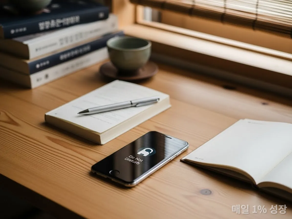 디지털 디톡스를 위해 방해 금지 모드가 켜진 스마트폰과 다이어리