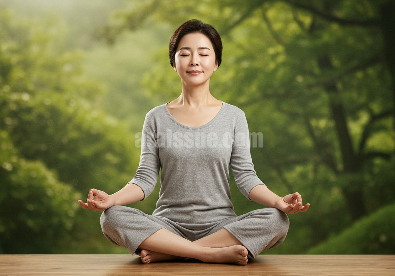 숲이나 해변과 같은 자연 속에서 명상하며 편안한 표정을 짓고 있는 중년 한국 여성의 사실적인 사진, 자연의 소리가 두통을 줄이는 데 효과적임을 보여주는 이미지