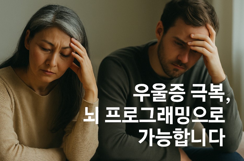 이 이미지는 중년의 아시아계 여성과 남성이 우울한 표정으로 서로 얼굴을 돌린 채 앉아 있는 모습을 담고 있다. &quot;우울증 극복, 뇌 프로그래밍으로 가능합니다&quot;라는 문구가 오른쪽에삽입되어 희망적인 메시지를 전달한다.