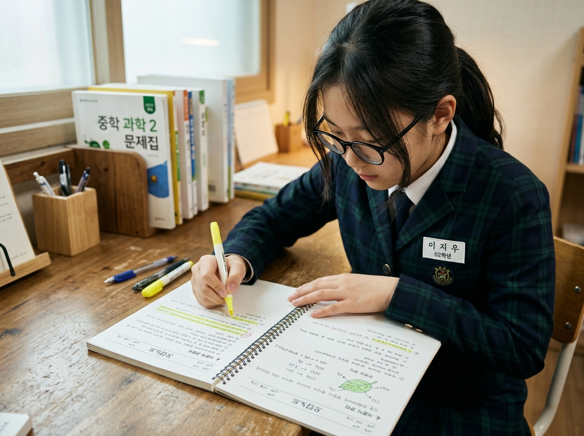 오답 노트를 펼쳐놓고 틀린 문제와 설명을 다시 점검하는 학생