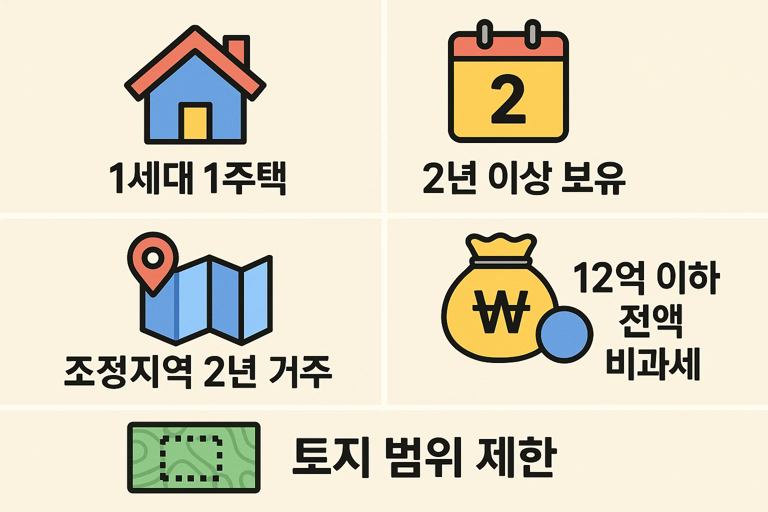 1세대 1주택 비과세 적용을 위해 필요한 2년 이상 보유, 조정지역 2년 거주, 12억 이하 전액 비과세, 토지 범위 제한 등의 요건을 설명한 인포그래픽