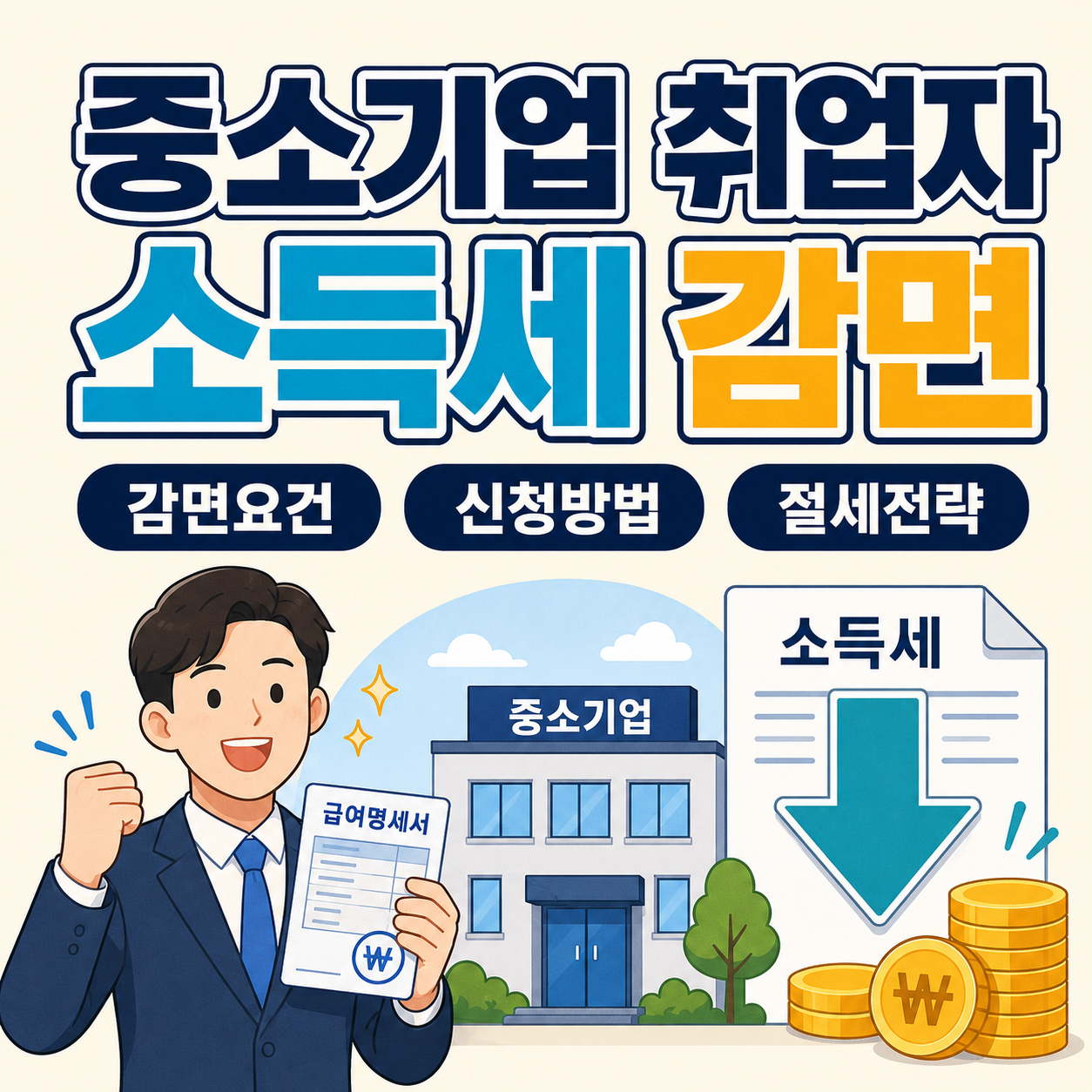중소기업 취업자의 소득세 감면요건·신청방법·절세전략을 안내하는 정사각형 인포그래픽.