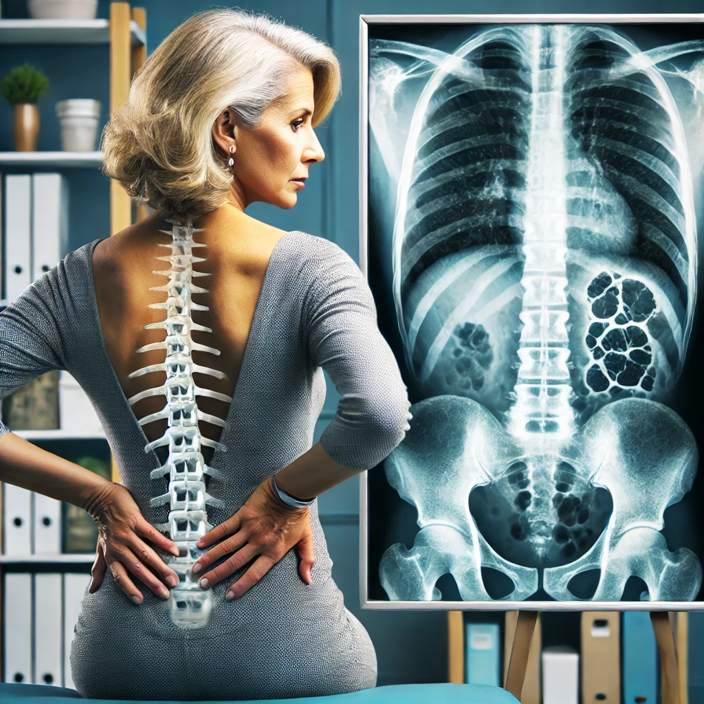 골다공증이 있는 여성과 엑스레이 사진 이미지