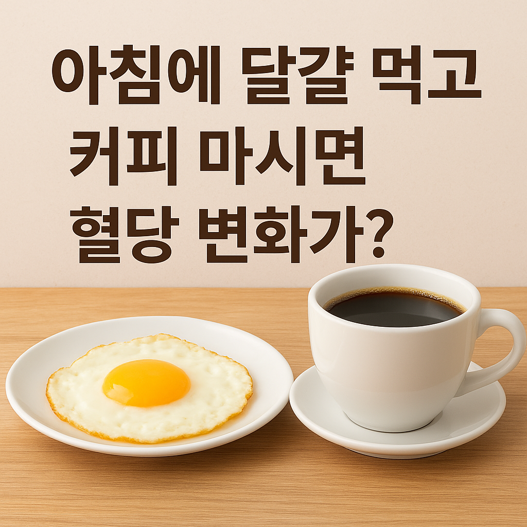 흰 접시에 담긴 반숙 계란 프라이와 흰 컵에 담긴 블랙커피가 나란히 놓여 있으며, 상단에는 ‘아침에 달걀 먹고 커피 마시면 혈당 변화가?’라는 문구가 적힌 썸네일 이미지.