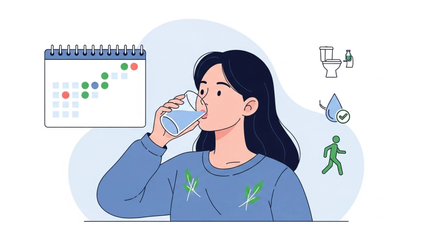 물 마시기와 화장실 습관, 가벼운 운동 등 방광염 재발 예방 생활습관 일러스트