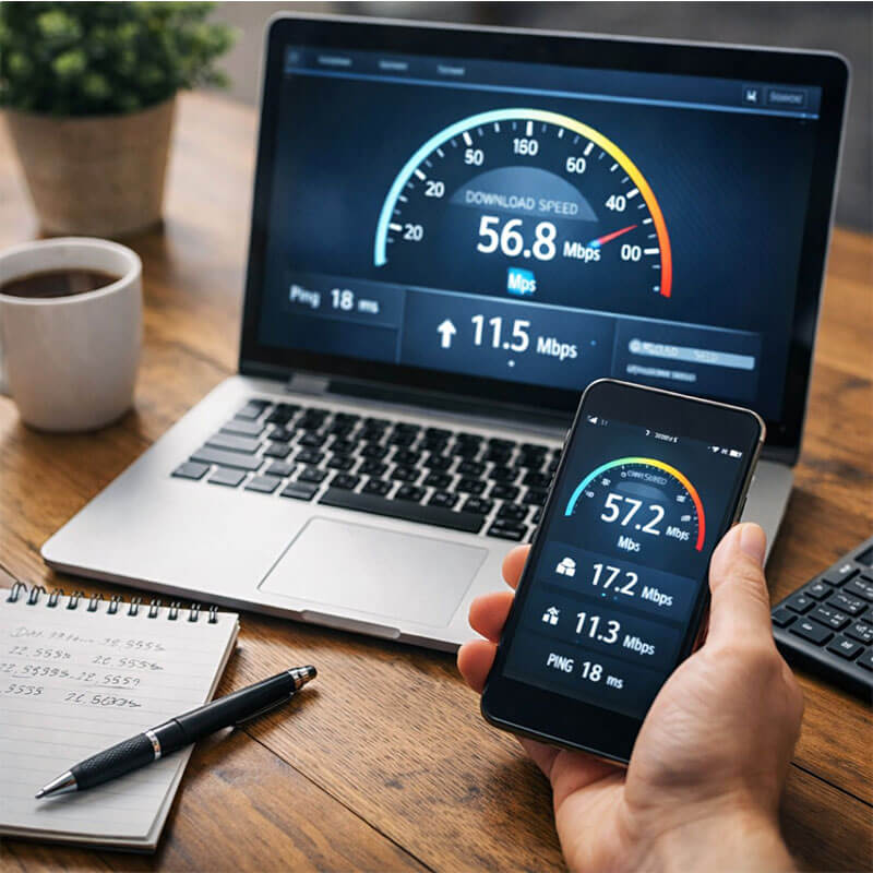 스마트폰이나 노트북으로 인터넷 속도나 사용량을 확인하는 생활 점검 장면