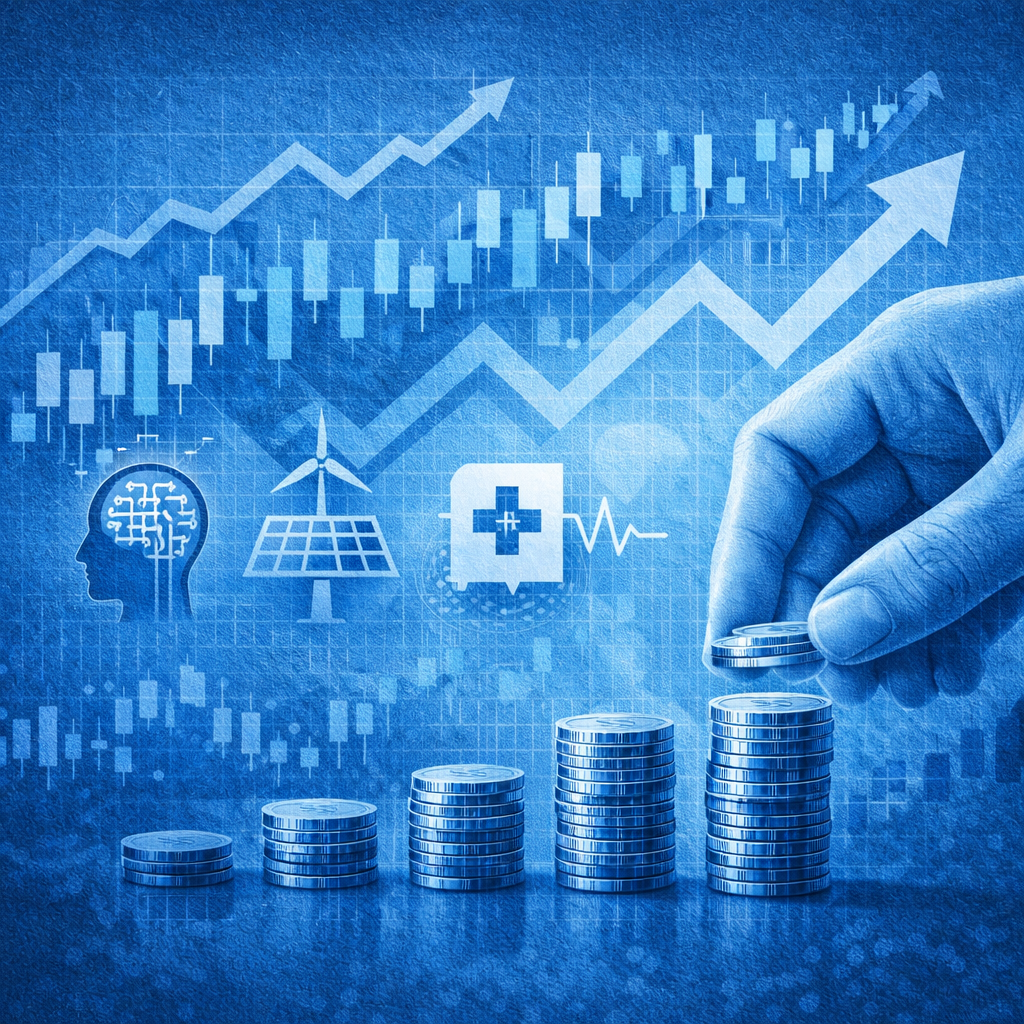 2026년 주식 시장의 변동성과 인공지능, 친환경 에너지 등 유망 주식 종목 섹터를 시각화한 이미지.