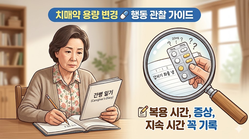 돋보기로 알약과 일지 기록지를 살펴보는 모습과 치매약 용량 변경 후 행동 관찰 가이드 텍스트