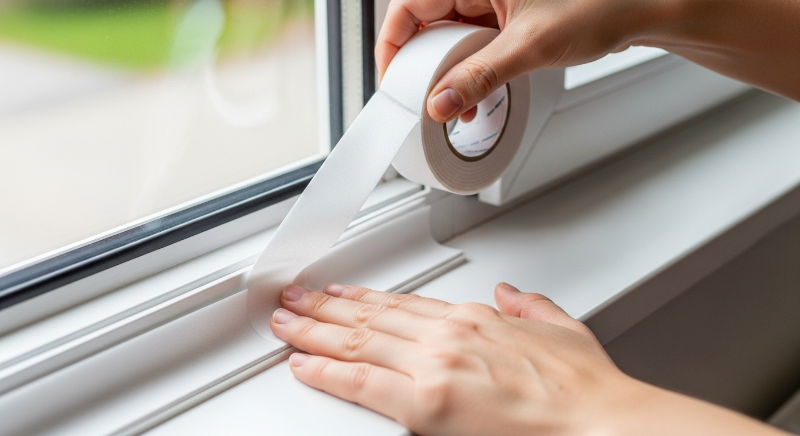 창문 틈새에 문풍지를 붙여 외풍을 차단하고 있는 손 클로즈업