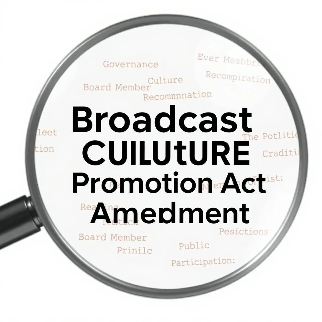 커다란 돋보기가 '방송문화진흥회법 개정'이라는 문구 위에 놓여 있습니다. 돋보기 주변에는 '지배구조', '이사 추천', '국민 참여' 등의 작은 글자들이 키워드 형태로 흩뿌려져 있습니다. 명확하고 깔끔한 그래픽 디자인으로 표현
