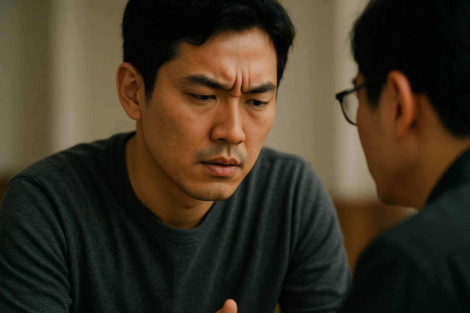 생각을 정리하며 미간에 힘을 주는 사람, 발표나 면접 중 긴장해서 눈을 자주 깜빡이는 모습