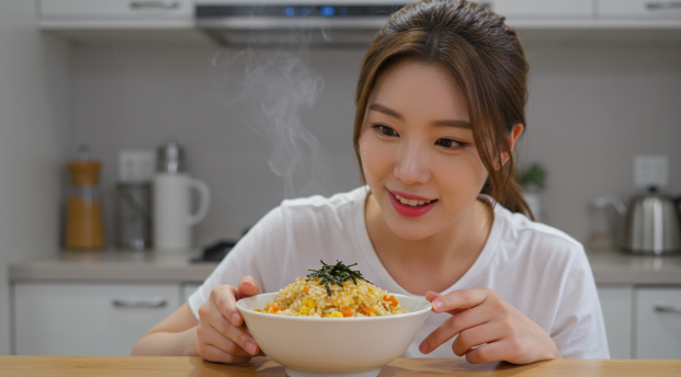 계란 볶음밥이 완성되어 즐거워 하는 모습