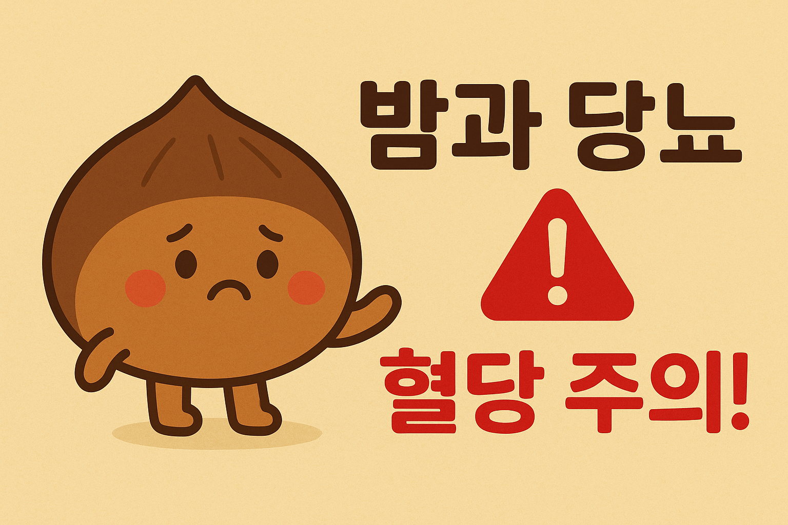 귀여운 표정의 밤 캐릭터가 걱정하는 모습으로 서 있고, 옆에는 빨간색 경고 표시와 함께 ‘밤과 당뇨, 혈당 주의!’라는 문구가 쓰여 있는 일러스트 썸네일