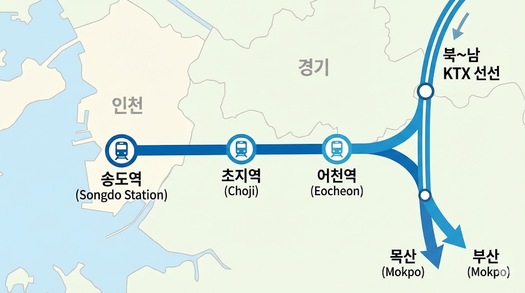 인천 송도역에서 출발하여 초지역과 어천역을 거쳐 기존 경부고속선 및 호남고속선과 연결되는 과정을 보여주는 간결한 노선도입니다. 파란색 선과 명확한 아이콘을 사용하여 각 역과 연결 방향(부산, 목포)을 직관적으로 이해할 수 있도록 디자인했습니다.