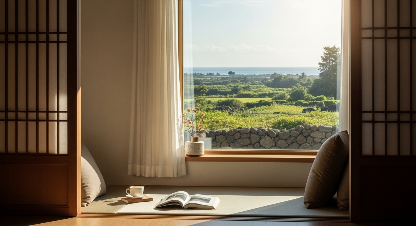 제주도의 푸른 바다 또는 한라산 풍경이 보이는 창가에 아늑한 독채 숙소 내부. 편안한 의자와 책, 차 한 잔이 놓여 있어 한 달 살기의 여유로운 분위기를 보여줍니다.