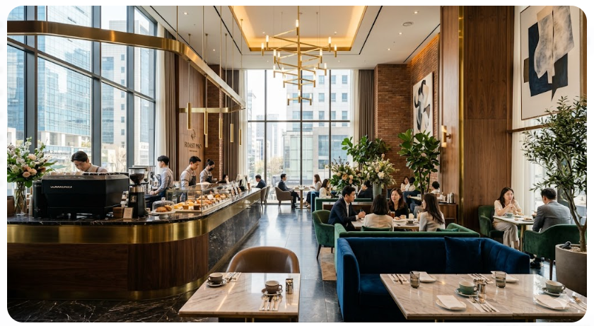 세련되고 고급스러운 스페셜티 카페 내부 전경. 높은 층고와 통유리창 너머의 도심 풍경, 대리석 테이블이 어우러진 모던한 인테리어.