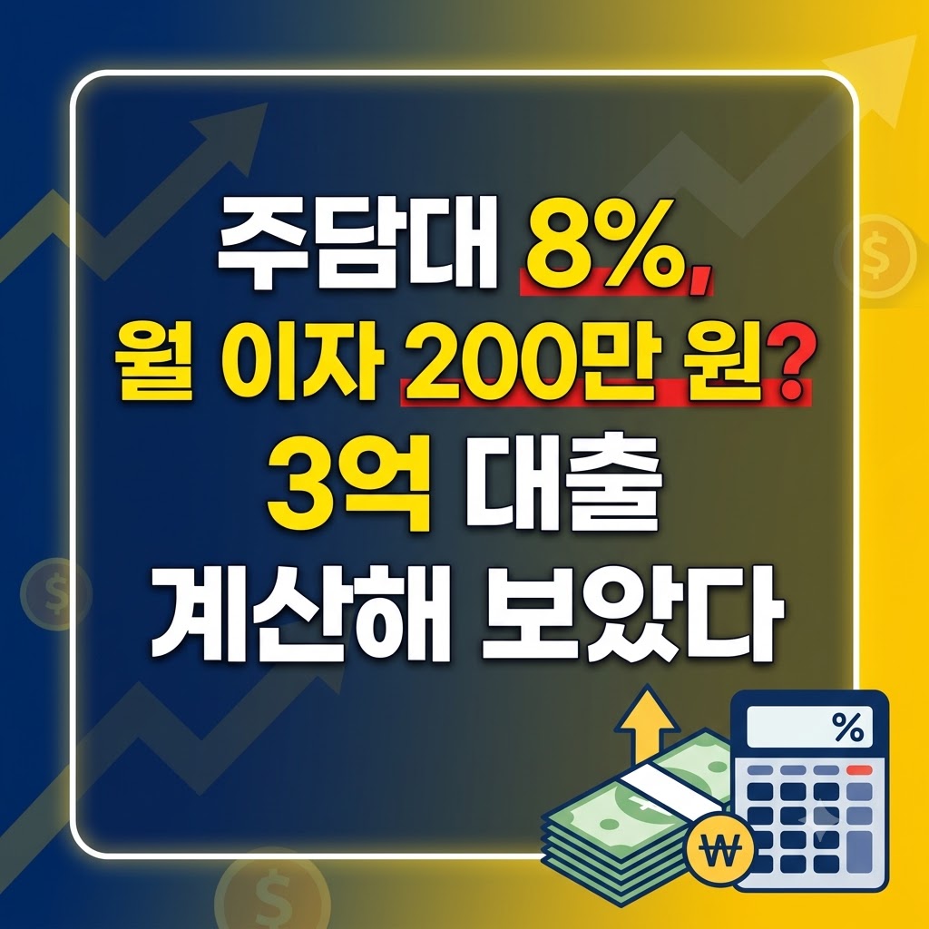 주담대 8% 금리 적용 시 3억 원 대출의 월 이자(200만 원) 계산을 다룬 금융 썸네일 이미지입니다.