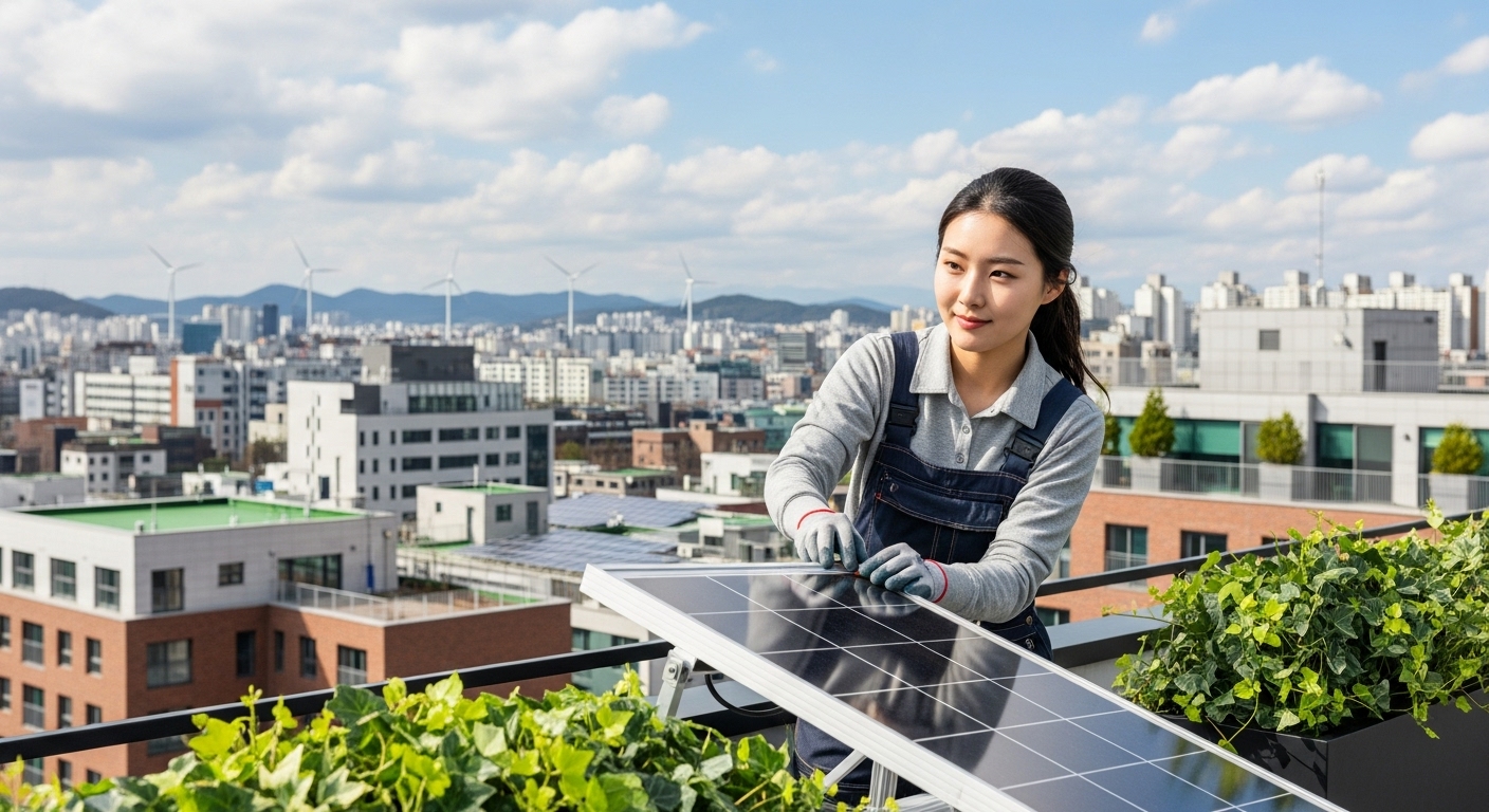 installing a mini rooftop solar panel on a modern urban apartment