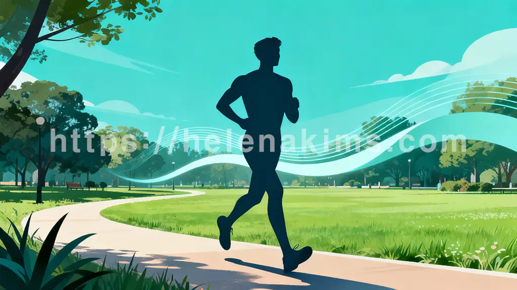 푸른 잔디와 맑은 하늘이 펼쳐진 평화로운 공원 배경, 식후 가볍게 조깅하는 사람의 실루엣.