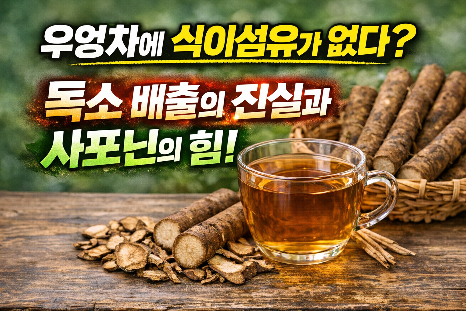 우엉차 속 식이섬유 오해와 사포닌 역할을 설명하는 이미지로, 우엉 뿌리와 우엉차가 테이블 위에 놓인 모습