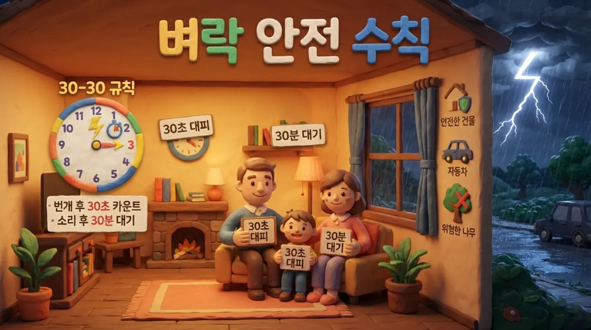 천둥 번개가 칠 때 안전한 건물 내부로 대피하고 30-30 안전 수칙을 지키는 올바른 행동 요령
