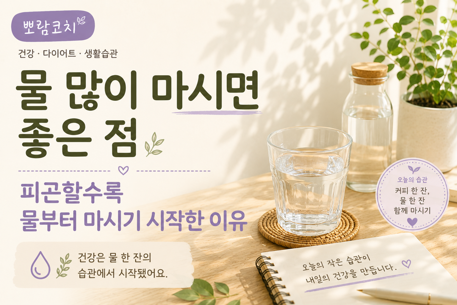 햇살이 들어오는 창가의 원목 테이블 위에 투명한 물컵과 유리 물병, 작은 화분이 놓여 있는 미니멀한 건강 라이프스타일 이미지