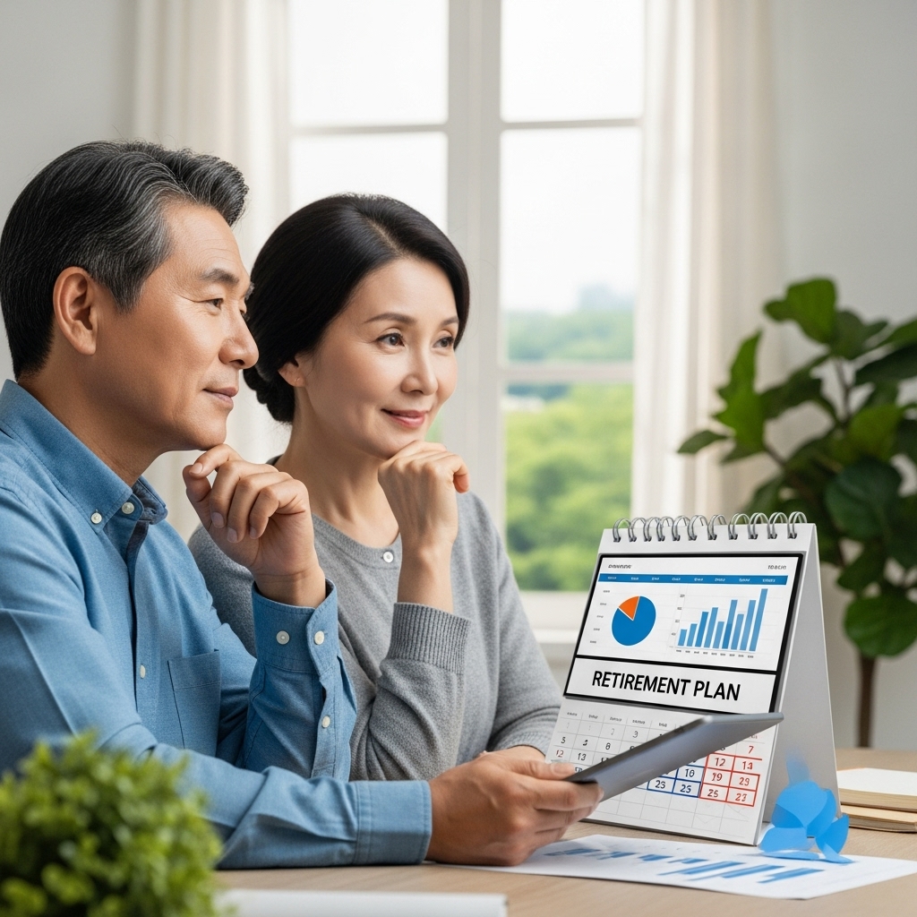 50대 은퇴를 앞둔 부부가 태블릿으로 개인형 퇴직연금(IRP) 투자 계획을 살펴보며 안정적인 노후를 준비하는 모습.