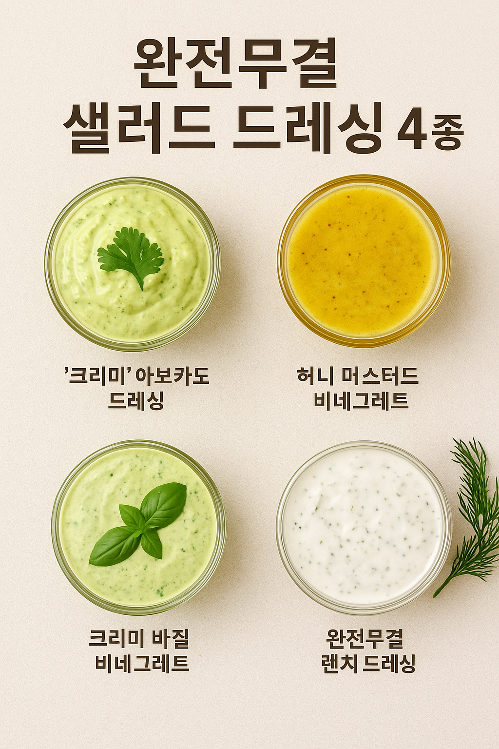 샐러드드레싱,건강한드래싱,아보카도드레싱,허느머스타드드레싱,랜치드레싱,바질드레싱