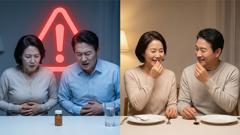 50대 이상 중년 남녀가 공복에 영양제를 섭취 후 속 쓰림을 느끼는 모습과 올바른 복용법으로 편안하게 영양제를 섭취하는 모습.