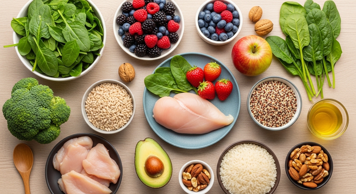 음식물 과민증 식단 관리에 도움이 되는 신선한 채소, 과일, 단백질 위주의 건강한 식탁.