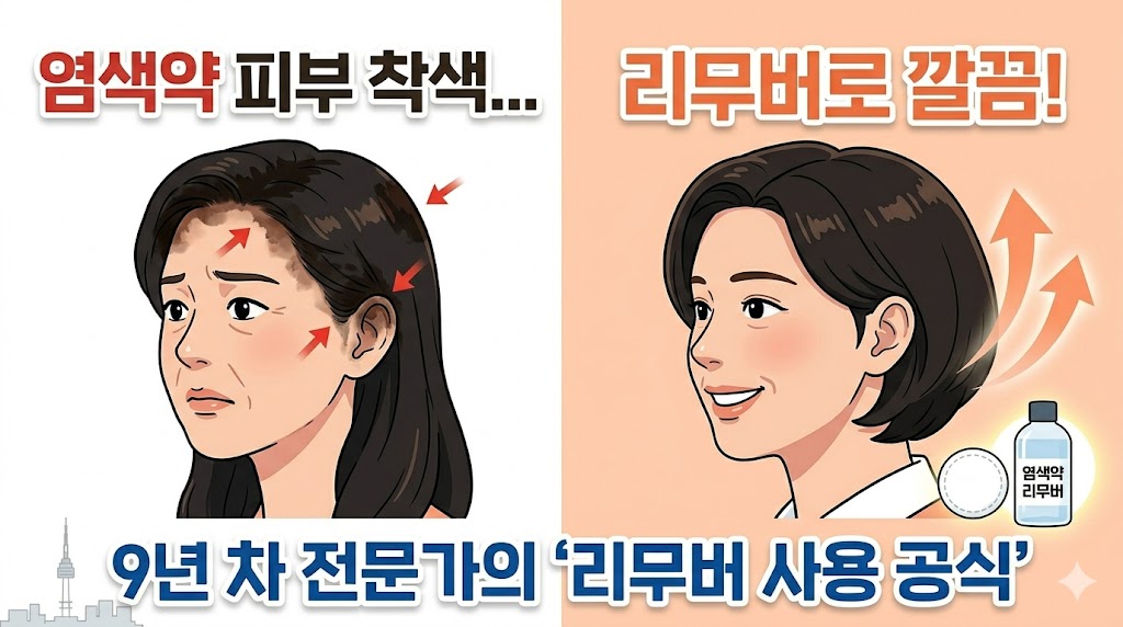셀프 염색 시 이마와 귀 주변 피부 착색 고민을 해결하는 비포 애프터 비교 이미지. 9년 차 헤어 전문가가 알려주는 염색약 리무버 사용법과 피부 보호 꿀팁 썸네일.