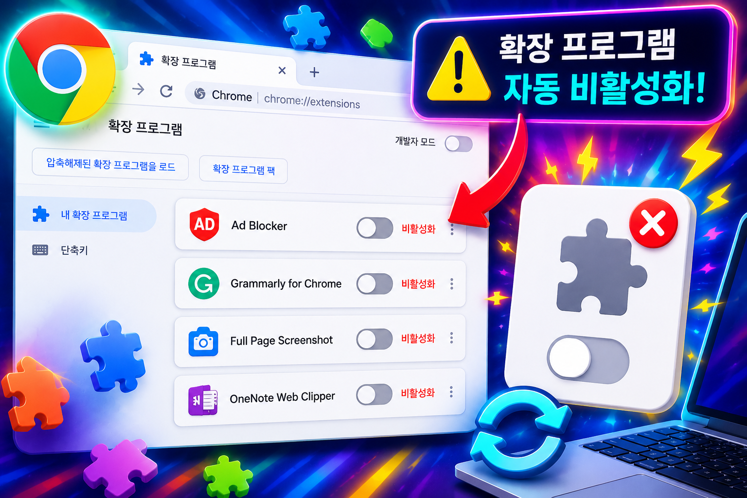 크롬 확장프로그램 자동 비활성화 해결방법 총정리 개발자모드 확장프로그램 꺼짐 원인