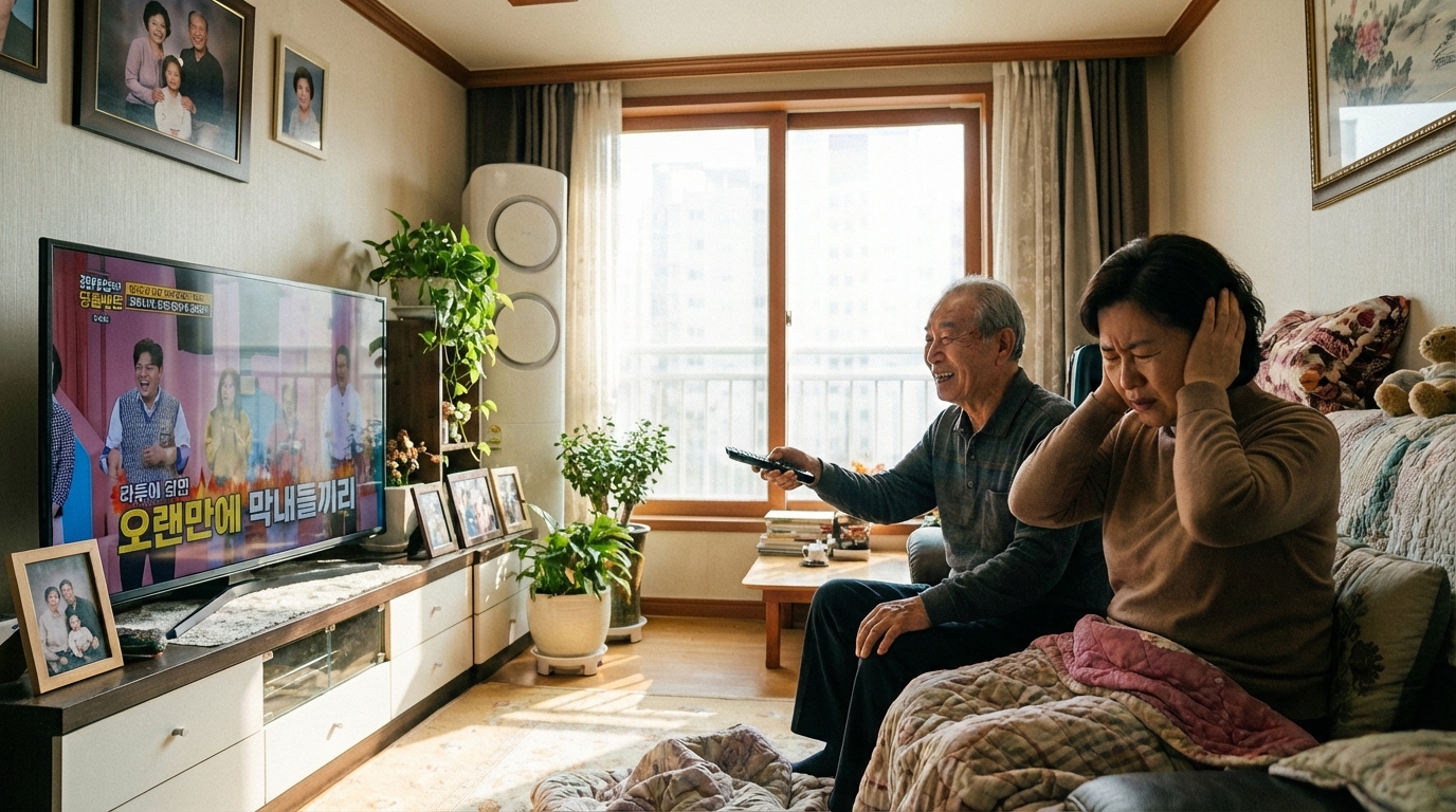 한국 거실에서 TV 소리 때문에 인상 쓰고 있는 할아버지와 귀를 막는 며느리