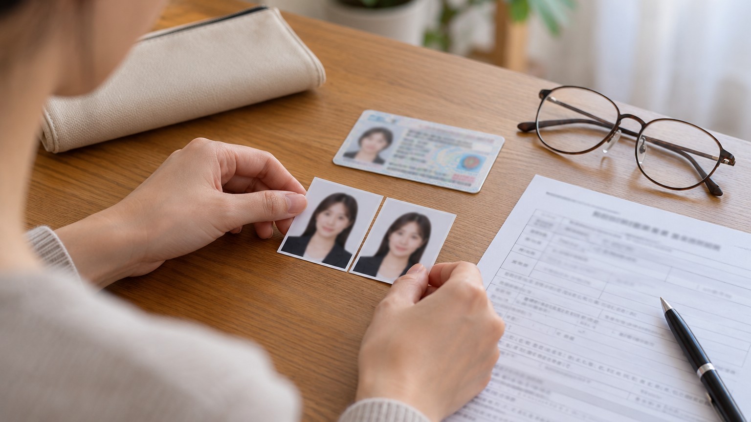 운전면허 갱신에 필요한 증명사진과 면허증을 준비한 모습