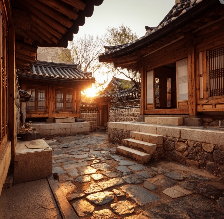 해가 저무는 한옥 모습