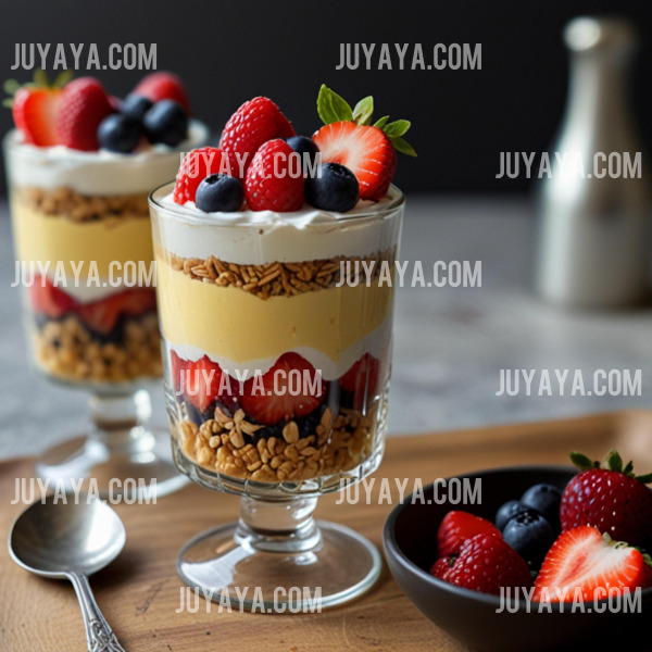 유리잔에 담긴 요거트 파르페. 말린 대추, 그래놀라, 신선한 과일이 층층이 쌓인 건강한 디저트.