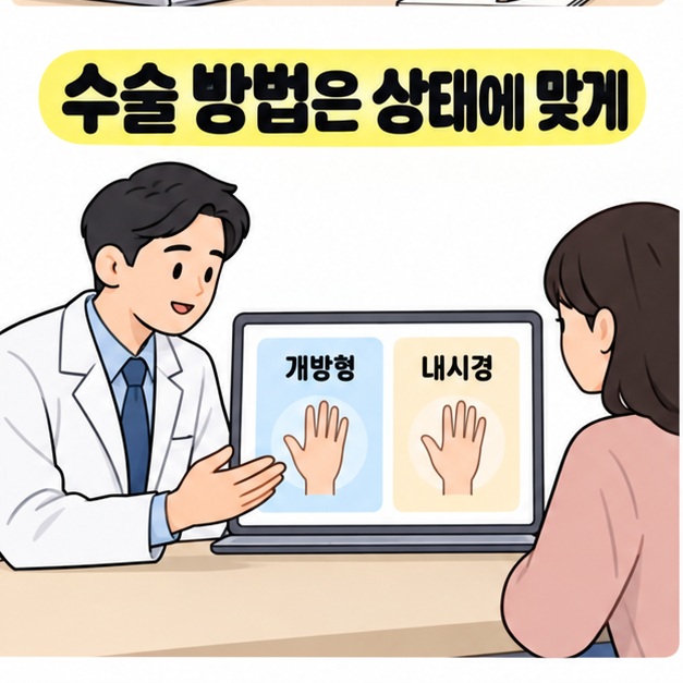 개방형과 내시경으로 나눈 화면에 손 그림을 나란히 보여주며 환자에게 수술 방법을 설명하는 의사를 그린 그림