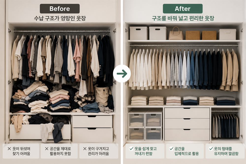 정리 전과 정리 후 옷장을 비교한 이미지로 수납 구조를 개선해 옷을 쉽게 찾고 공간 활용도를 높인 모습