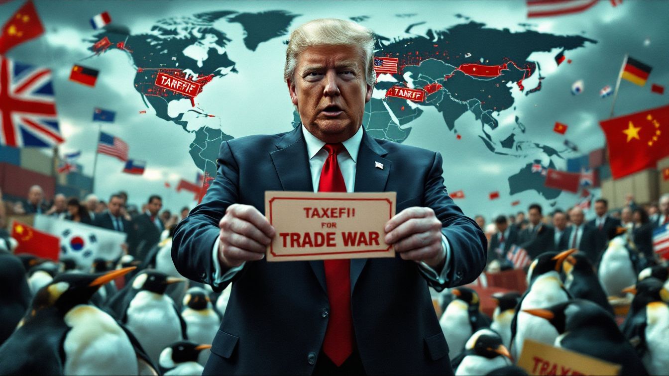 트럼프 대통령이 전 세계에 관세를 부과하는 무역전쟁을 선포하는 장면과 펭귄이 등장하는 상징적 이미지