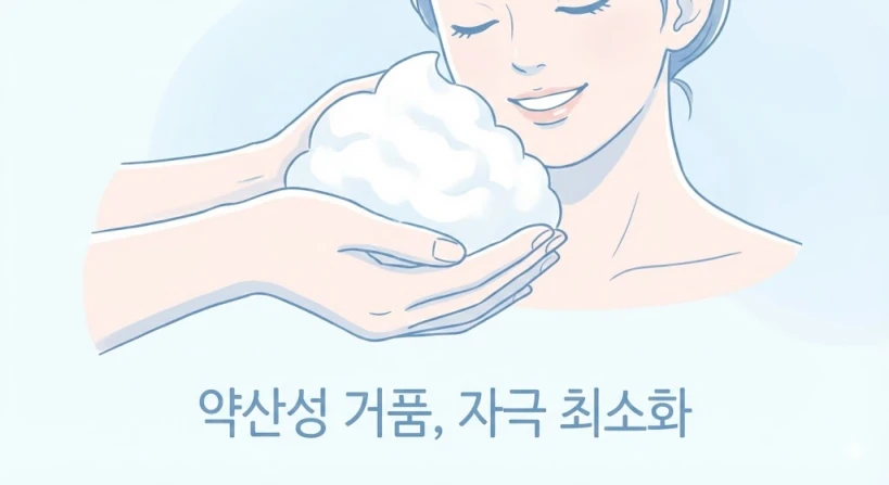 풍성하고 부드러운 구름 같은 거품을 두 손 가득 담아 얼굴에 지그시 누르며 세안하는 모습을 표현한 일러스트입니다. 손이 얼굴 피부에 직접 닿지 않는 저자극 방식을 강조하며, '약산성 거품, 자극 최소화'라는 문구가 함께 적혀 있습니다. 파스텔 톤의 부드럽고 깨끗한 그림체입니다.