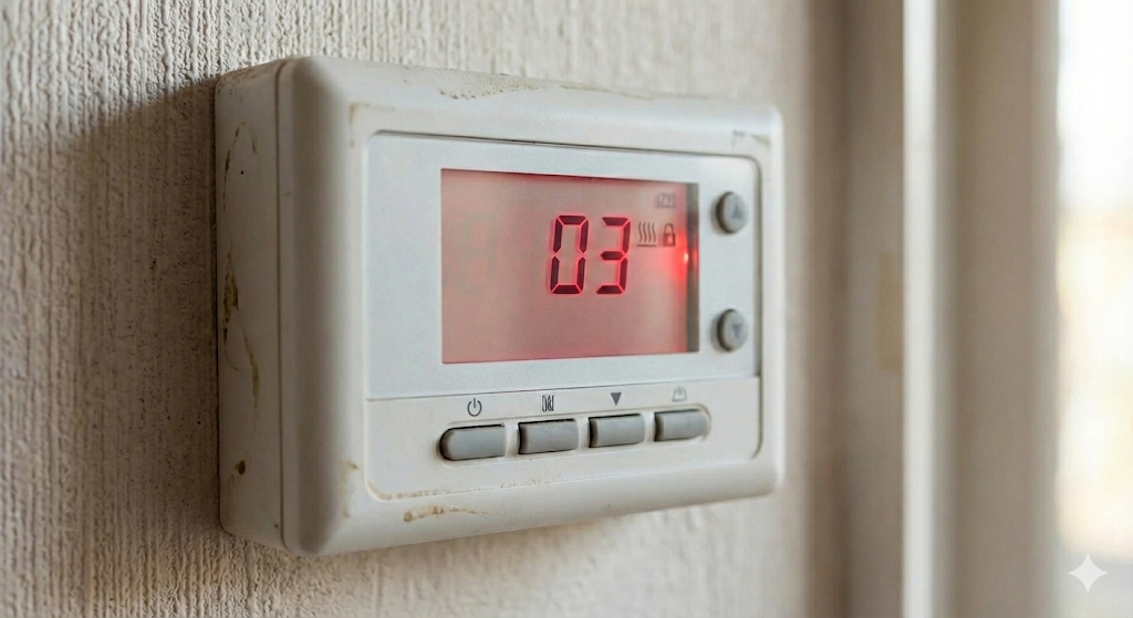 경동나비엔 실내 온도 조절기 에러코드 03 표시 화면