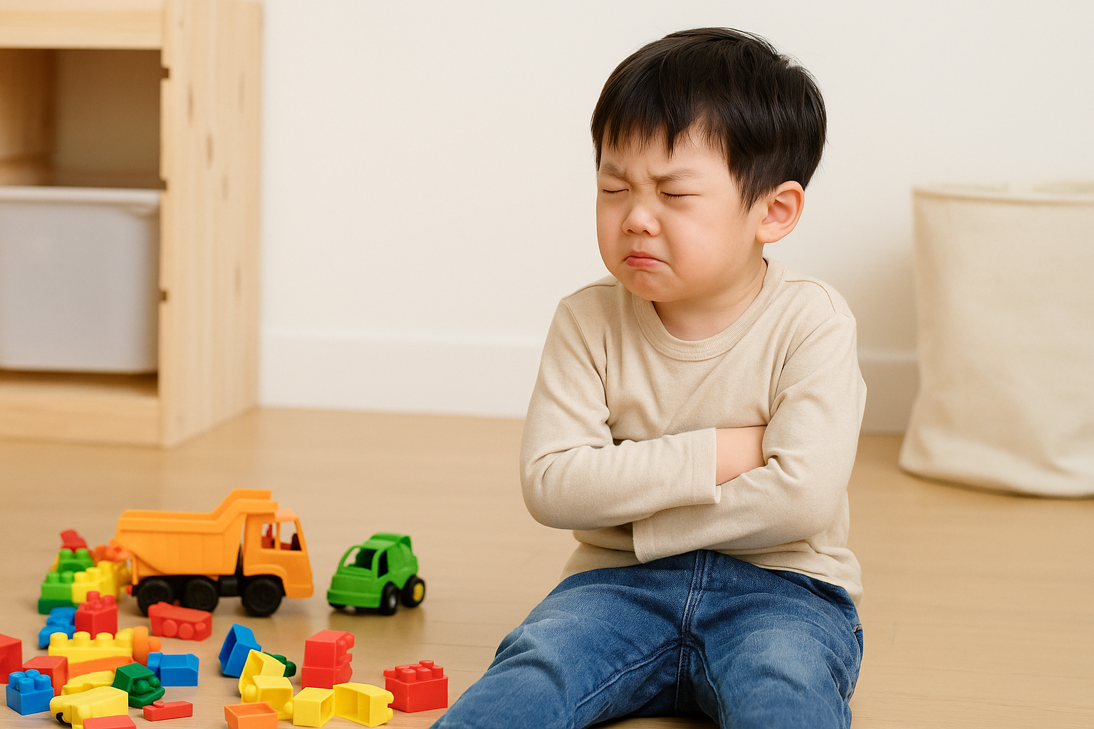 장난감 정리를 거부하며 팔짱을 끼고 앉아 있는 아이, 주변에 흩어진 블록과 장난감 자동차가 장면