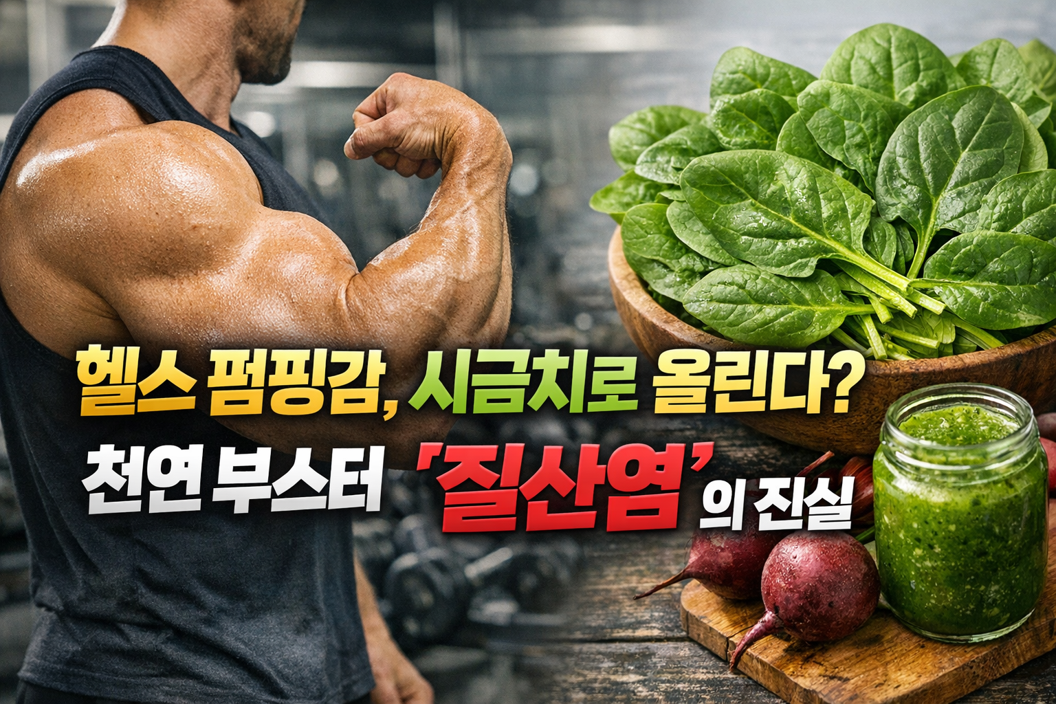 헬스 펌핑감 시금치 질산염 효능을 설명하는 썸네일 이미지, 근육 운동 장면과 시금치 실사 구성