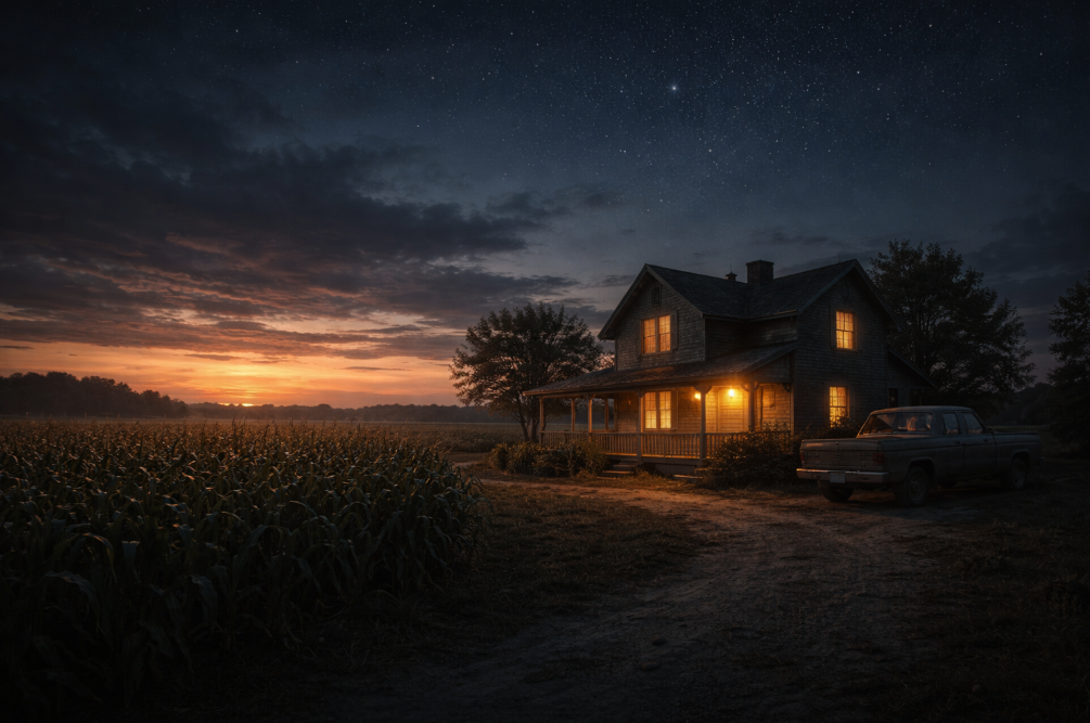 해 질 무렵 옥수수밭 너머로 불이 켜진 집과 어두워지는 하늘이 보이는 풍경