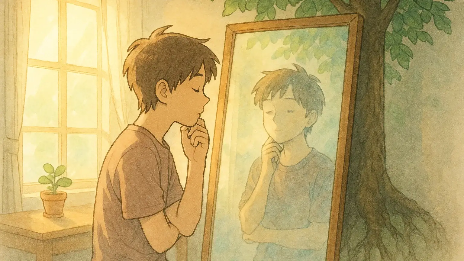 자신을 거울로 들여다보며 성찰하는 모습과 성장하는 나무가 어우러진 메타인지의 시각적 표현