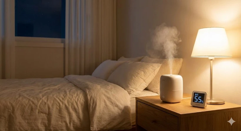 아늑하고 정돈된 침실의 밤 풍경 사진입니다. 침대 옆 협탁 위에서 소형 가습기가 하얀 수증기를 내뿜고 있으며, 그 옆의 디지털 습도계는 '습도 55%'를 가리키고 있습니다. 따뜻하고 부드러운 조명이 편안한 분위기를 연출합니다.