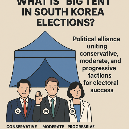 대한민국 선거에서 ‘빅텐트’ 정치 개념을 설명하는 한국어 인포그래픽으로, 보수·중도·진보 정치인이 한 지붕 아래 모여 있는 파란색 텐트와 핵심 설명 문구가 포함된 이미지