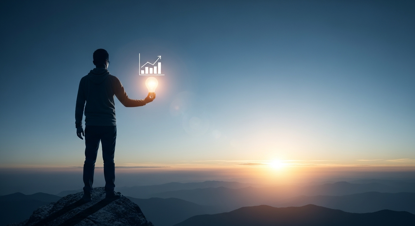 산 정상에서 떠오르는 해를 바라보며 경제적 자유와 미래를 그리는 사람의 모습, 희망과 성공을 상징합니다.