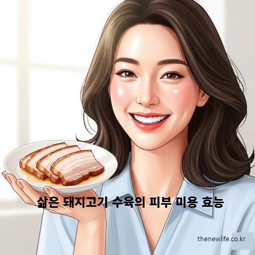 삶은 돼지고기 수육과 함께 밝고 건강한 피부를 표현한 여성