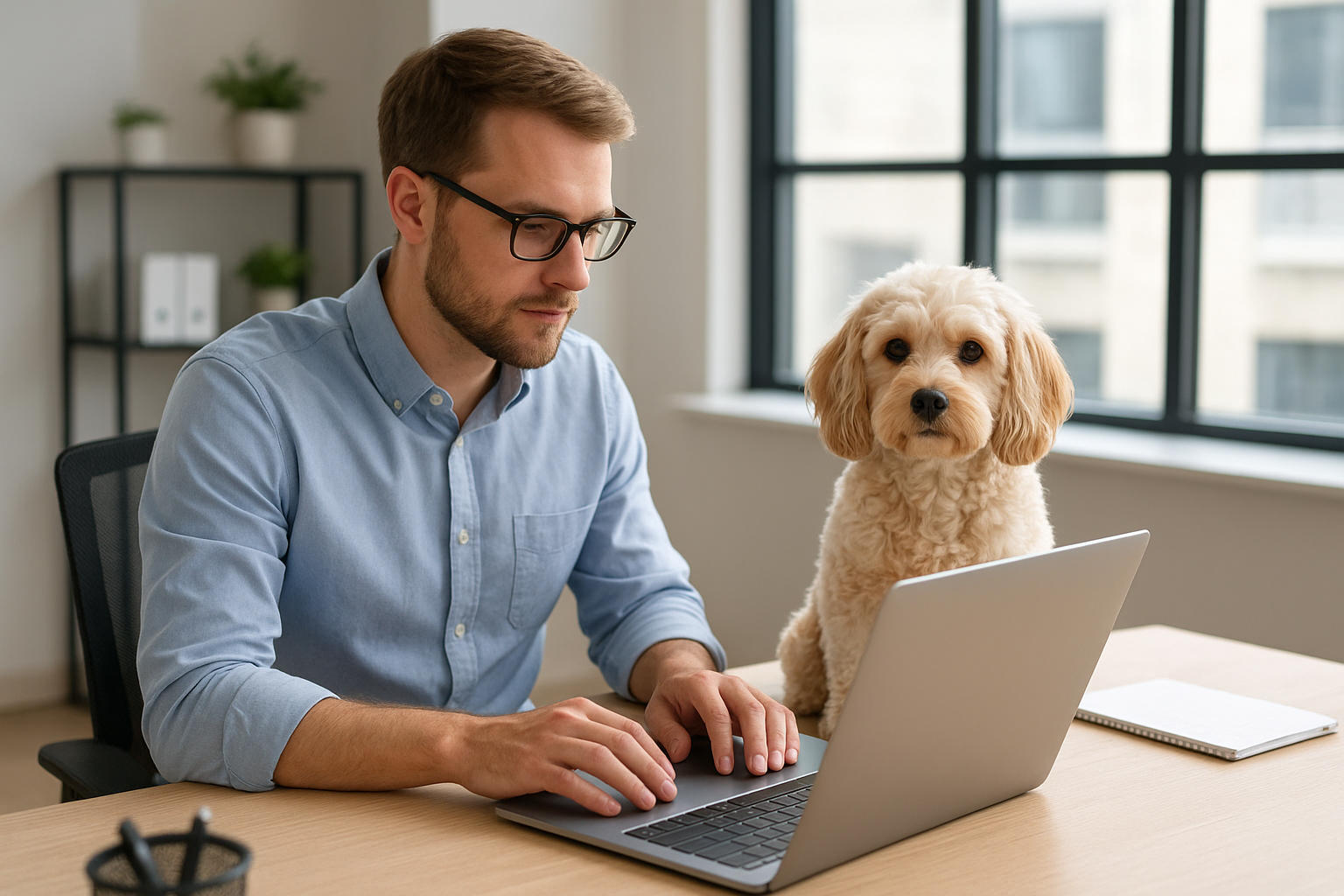 사무실에서 주인과 같이 일하는 강아지